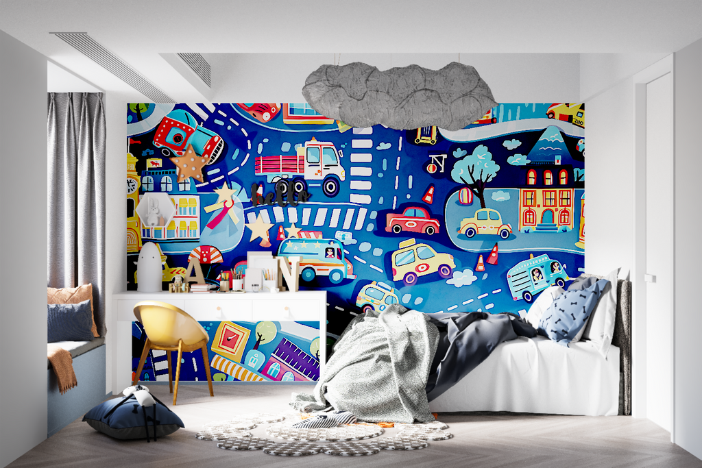 Car themed mural wallpaper displayed in a modern child's study area