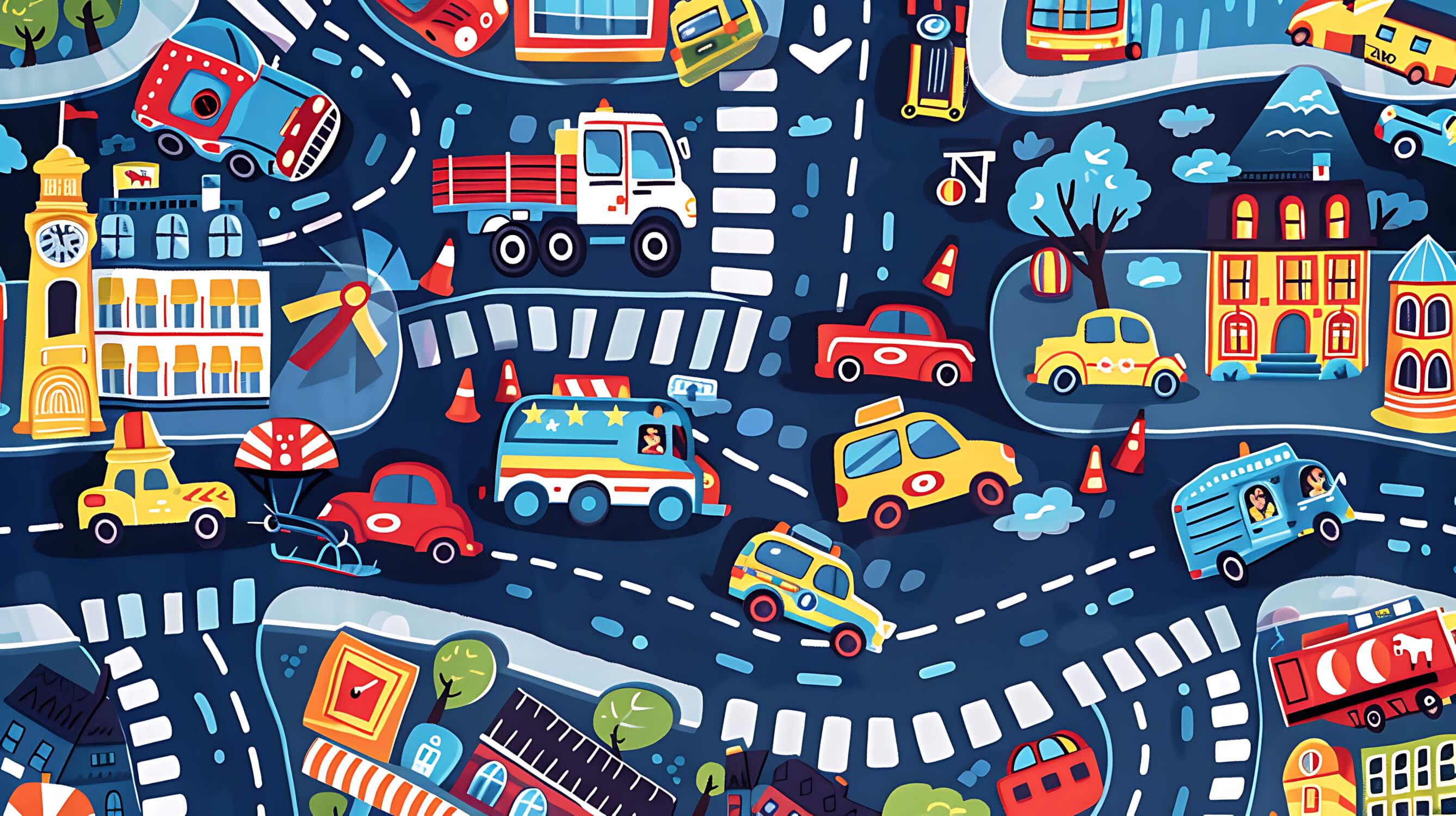 Design file showing detailed car and city pattern with vibrant colors and engaging road elements