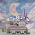 Castle wallpaper in cozy nursery with pink accents and fairy lights