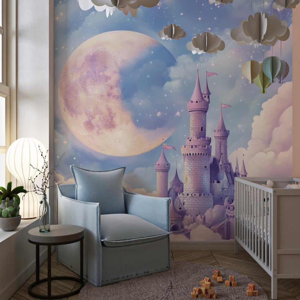 Fantasy castle mural bringing magic to girl's bedroom with reading nook