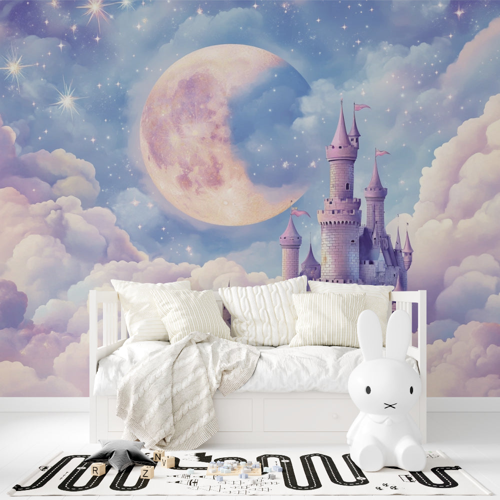 Princess castle wallpaper creating dreamy atmosphere in playroom