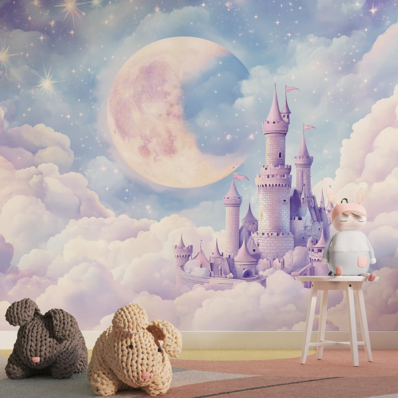 Moon castle mural transforming modern bedroom with soft lighting