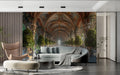 Castle gallery wallpaper creating depth in modern living room with elegant furniture