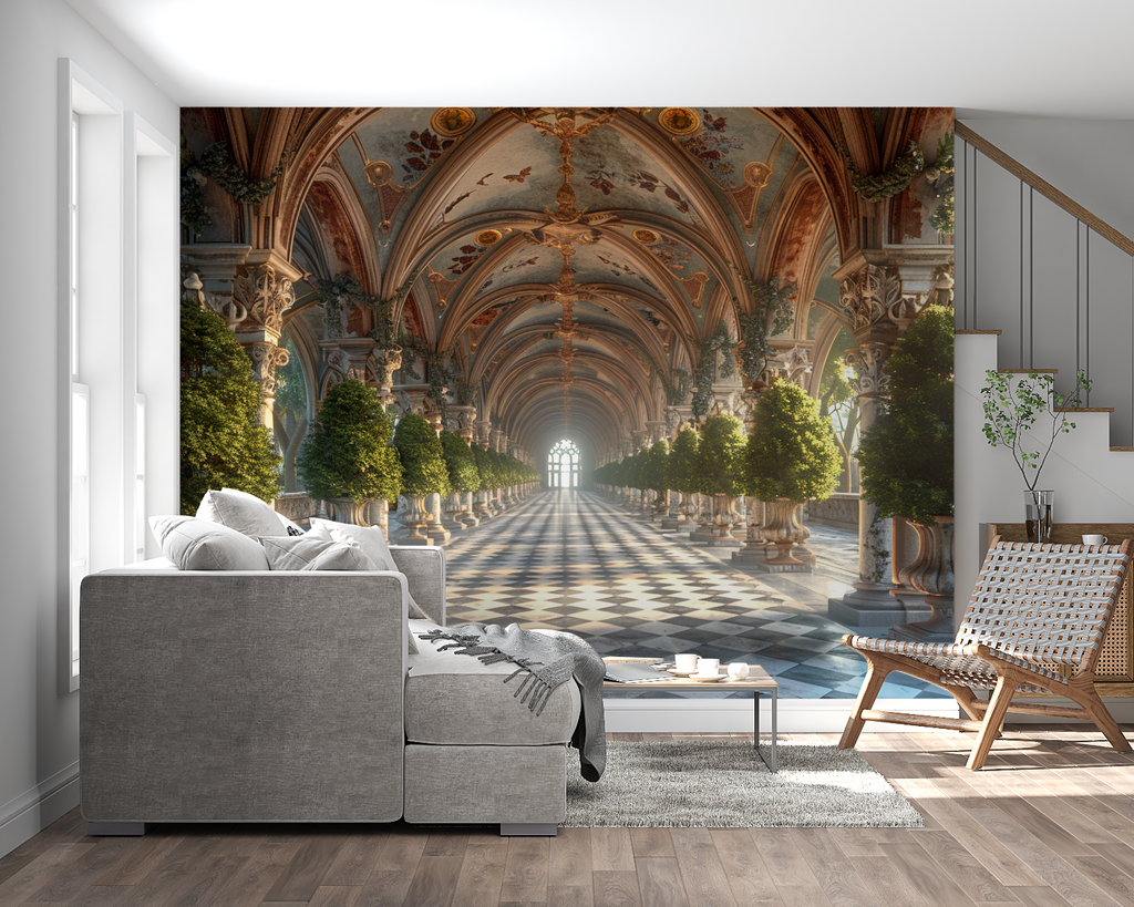 Palace gallery wallpaper transforming hallway with golden light effect