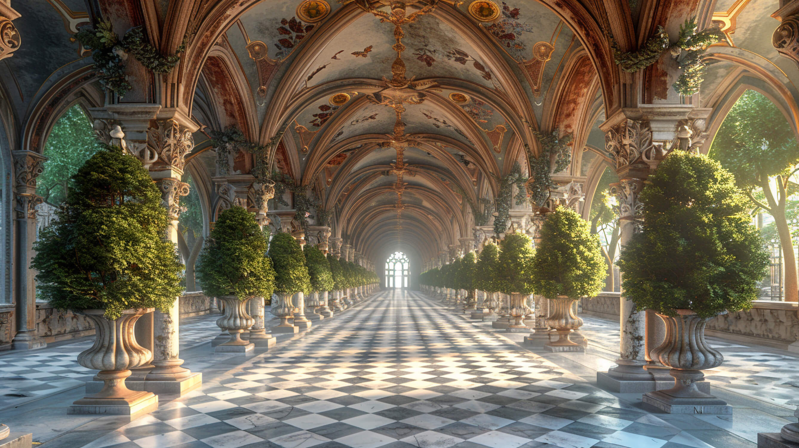 Design file of castle gallery wallpaper showing intricate architectural details and garden elements