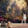 Castle wallpaper mural bringing magic to a child's bedroom with soft sunset lighting
