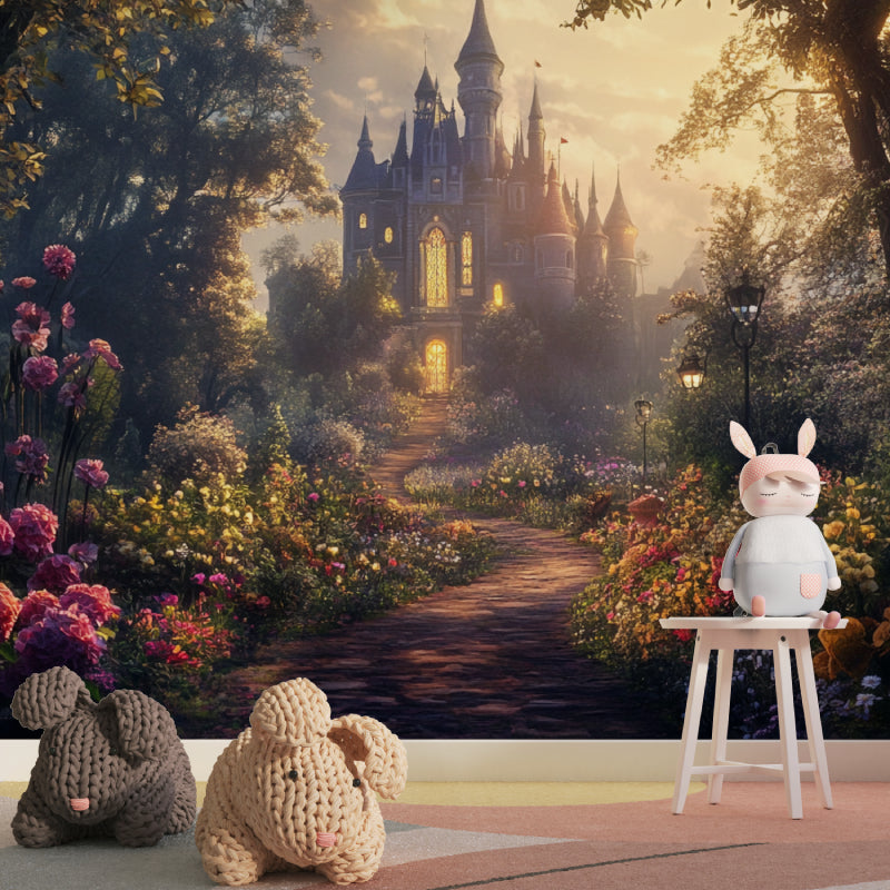 Castle wallpaper mural bringing magic to a child's bedroom with soft sunset lighting