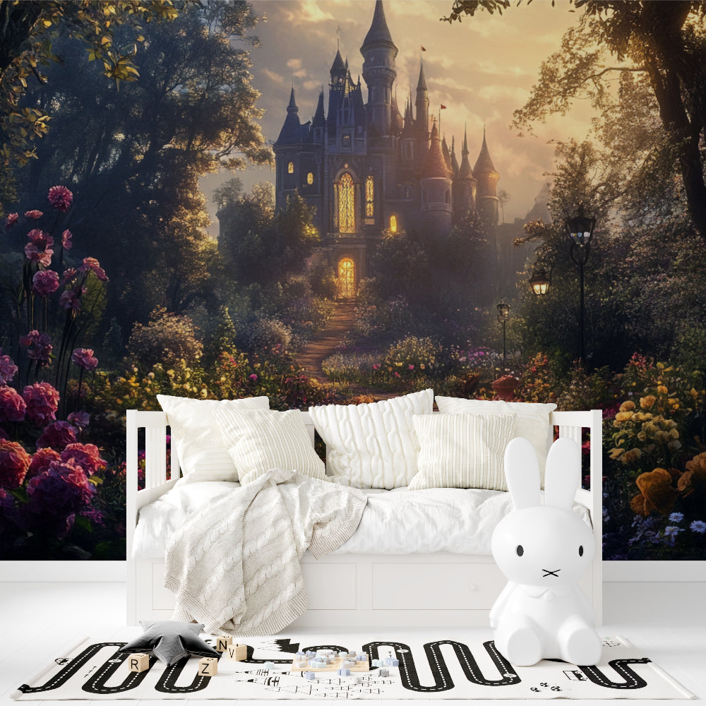 Princess castle mural transforming a playroom into an enchanted story setting