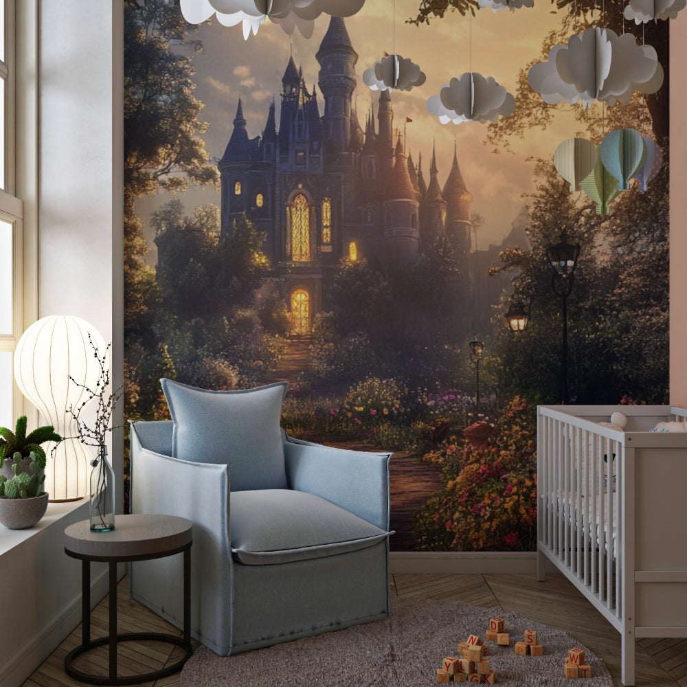 Enchanted castle wallpaper bringing fantasy to a nursery with gentle sunset hues