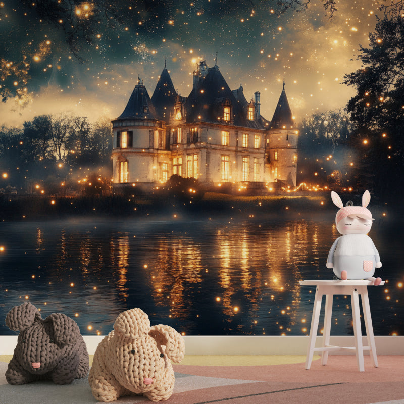 Castle Mural Wallpaper creating magic in a child's bedroom, golden stars twinkling on deep blue walls