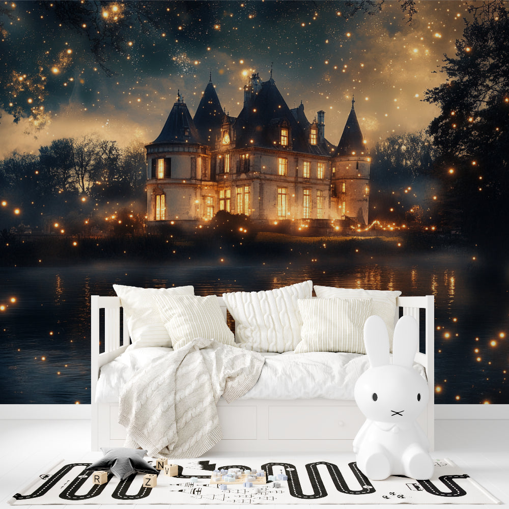 Princess Castle Mural lighting up a playroom with magical golden starlight