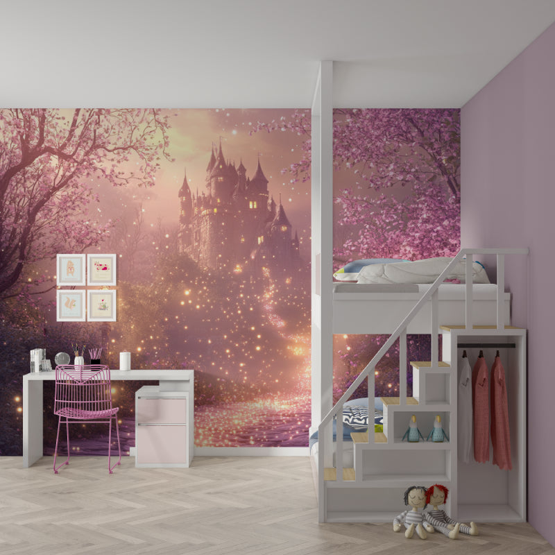 Magical Castle Wallpaper in pink and gold tones creating a dreamy atmosphere in a girl's bedroom