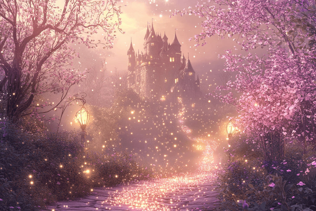 Castle design file showing detailed pattern with pink night sky and cherry blossoms