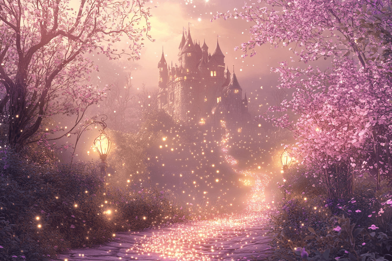 Castle design file showing detailed pattern with pink night sky and cherry blossoms