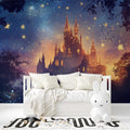 Castle wallpaper mural creating magic in a cozy bedroom with soft evening lighting