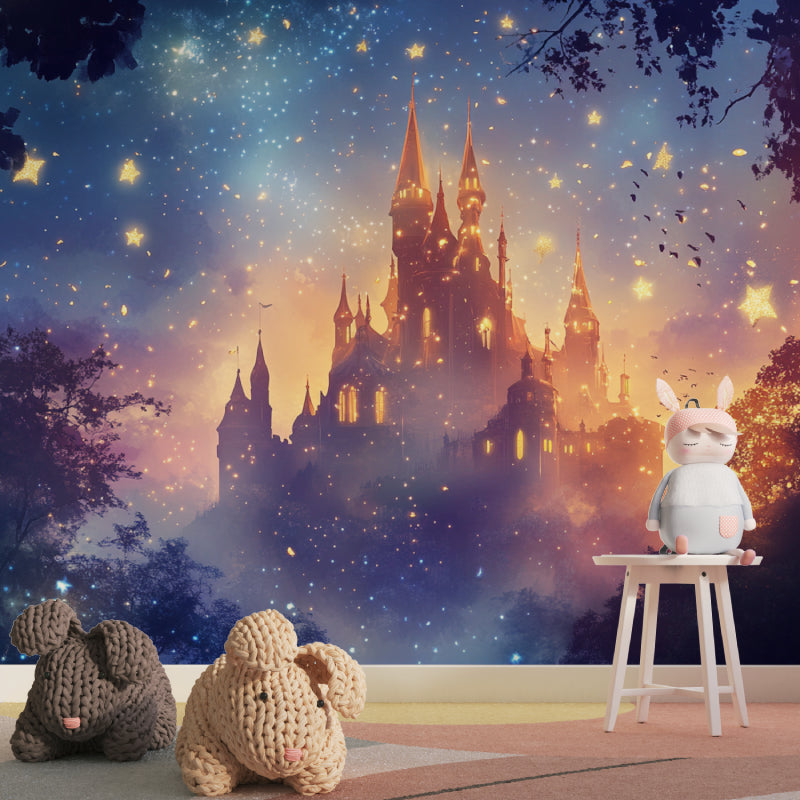 Princess castle mural wallpaper transforming a playroom into an enchanted space