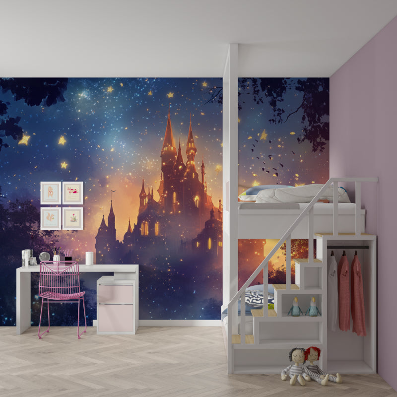 Magical castle wall mural adding wonder to a reading nook with golden star details