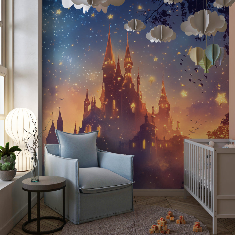 Castle mural with stars creating a dreamy atmosphere in a girl's bedroom