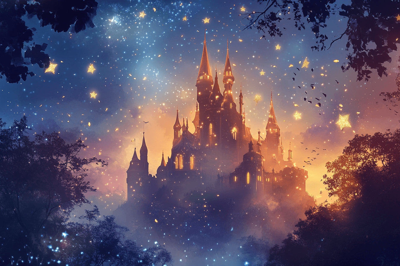 Design file of castle silhouette against starry night sky with golden accents
