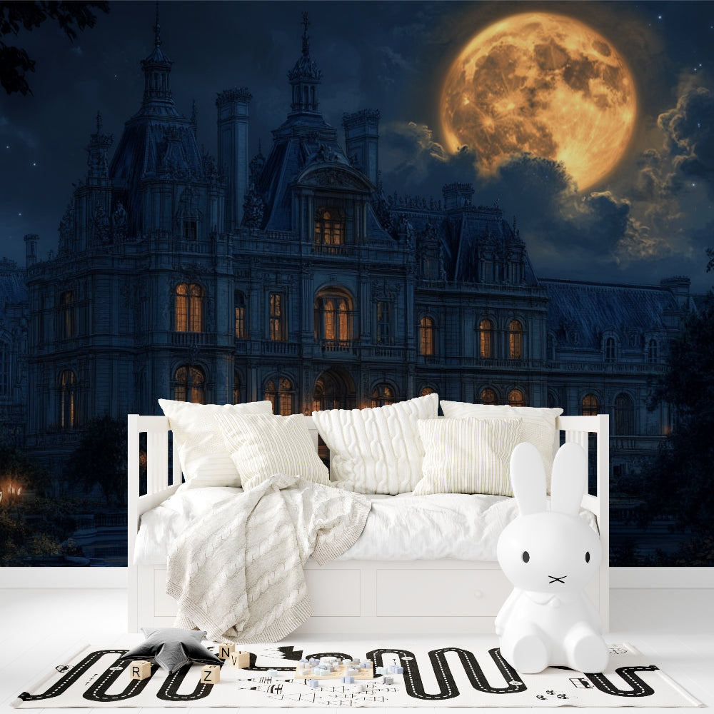 Castle wallpaper mural in cozy master bedroom, glowing windows create soft ambient lighting