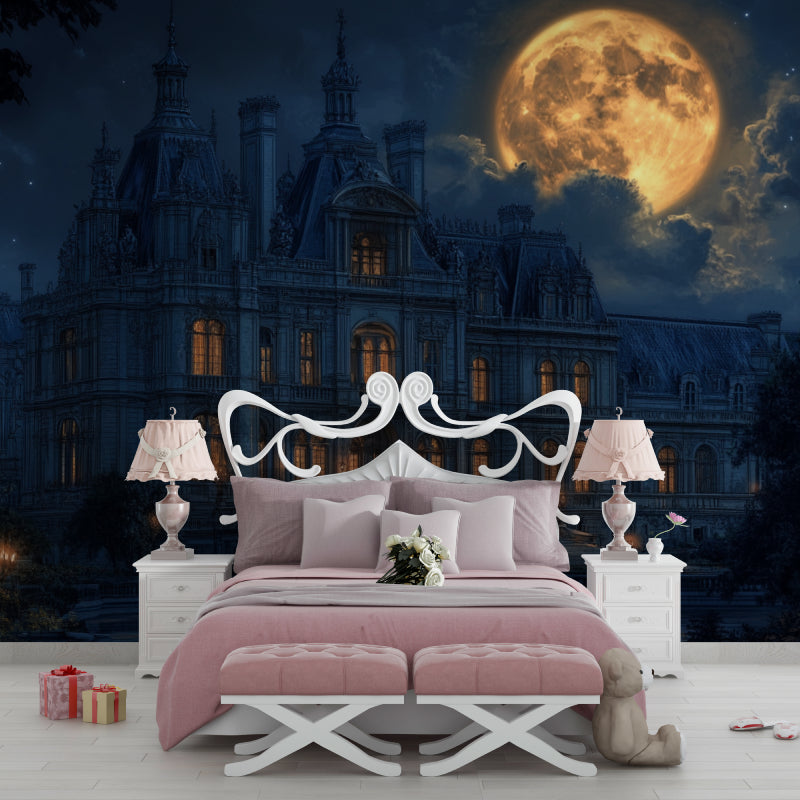 Gothic castle wallpaper creating drama in modern living room with illuminated windows
