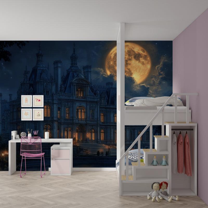 Palace wallpaper in dining room, moonlit castle creates elegant evening ambiance