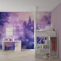 Castle wallpaper mural in cozy purple child's bedroom with reading nook and soft lighting