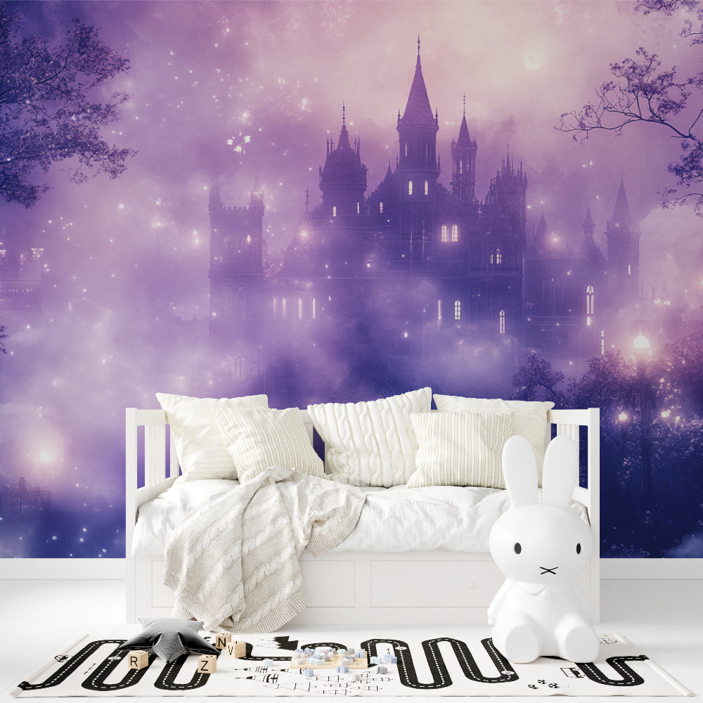Purple castle mural wallpaper creating magical atmosphere in master bedroom