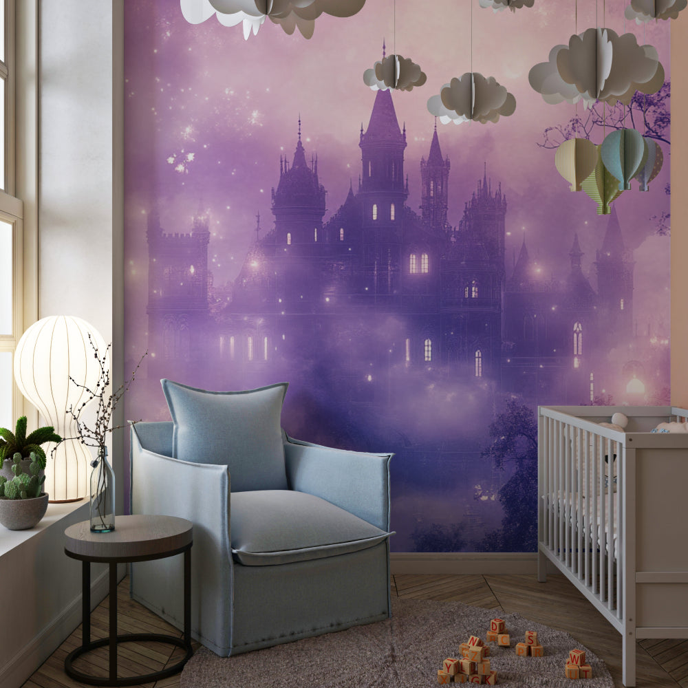 Night sky castle wallpaper transforming playroom with starlit purple glow