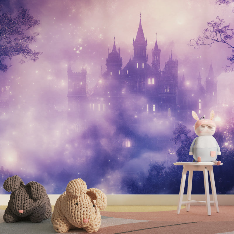 Mystical castle wall mural adding depth to nursery with purple night sky theme