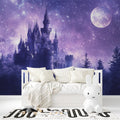 Castle Mural Wallpaper transforms child's bedroom into magical realm with purple night sky and twinkling stars