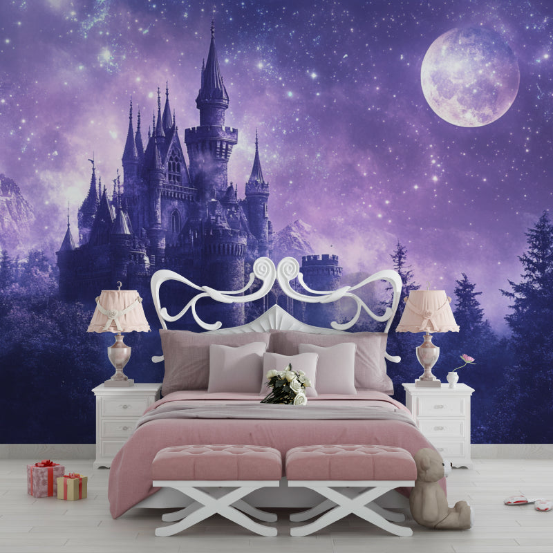 Castle Wall Mural showcased in playroom with purple night sky theme