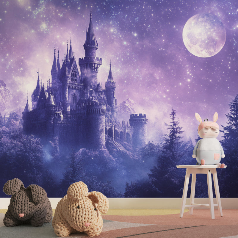 Mystical Castle Wallpaper displayed in nursery with soft purple glow
