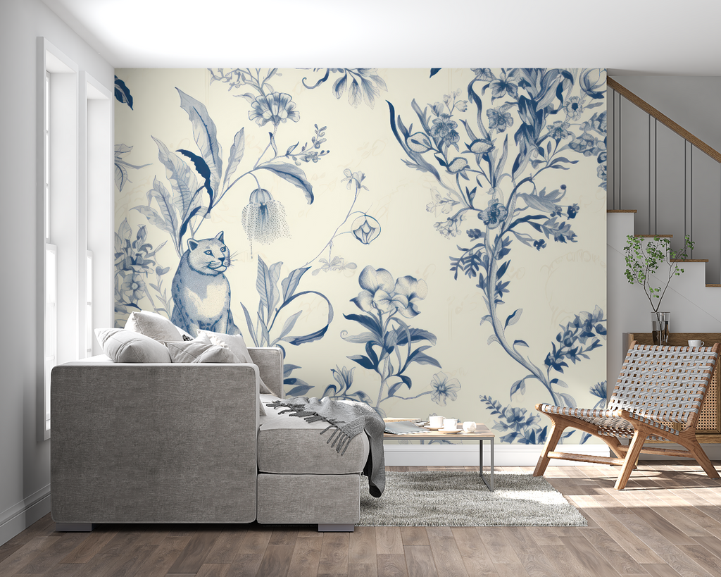 Blue floral cat wallpaper in modern living room, creating elegant atmosphere with botanical patterns