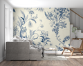 Blue floral cat wallpaper in modern living room, creating elegant atmosphere with botanical patterns