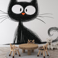 Black and white cat mural wallpaper bringing character to a modern living room with minimalist furniture