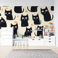 Modern Cat Wallpaper with black felines and orange leaves displayed in a bright Scandinavian living room setting