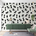 Modern Cat Pattern Wallpaper creating a striking feature wall in a minimalist living room with white furniture