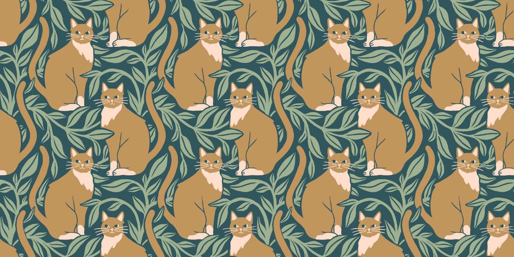 Green and gold cat pattern design file showing detailed botanical elements and feline motifs
