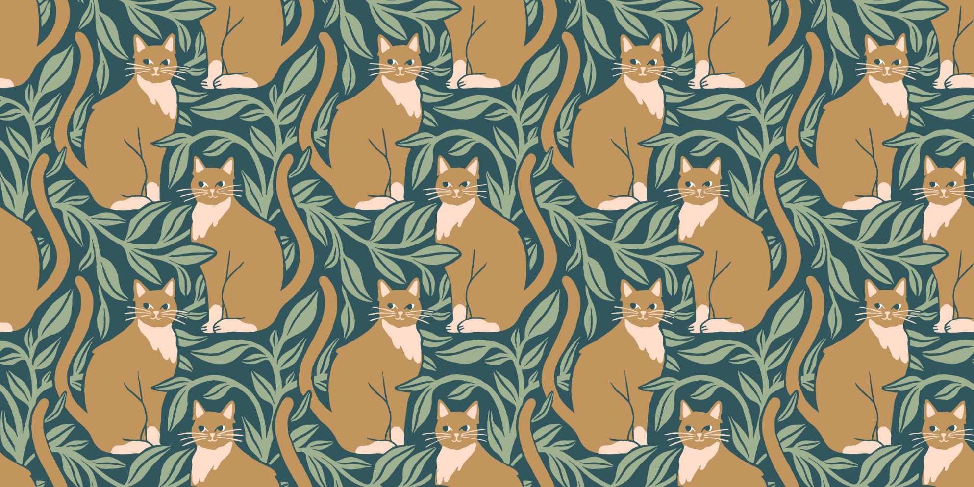 Green and gold cat pattern design file showing detailed botanical elements and feline motifs