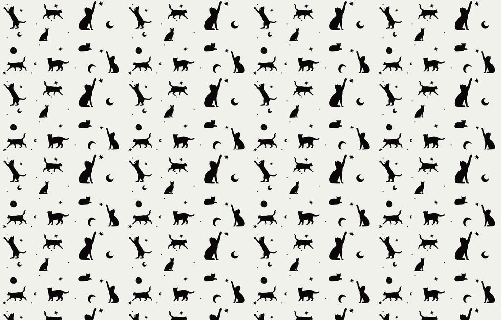 Cat silhouette wallpaper design file showing black cats and celestial elements on white background