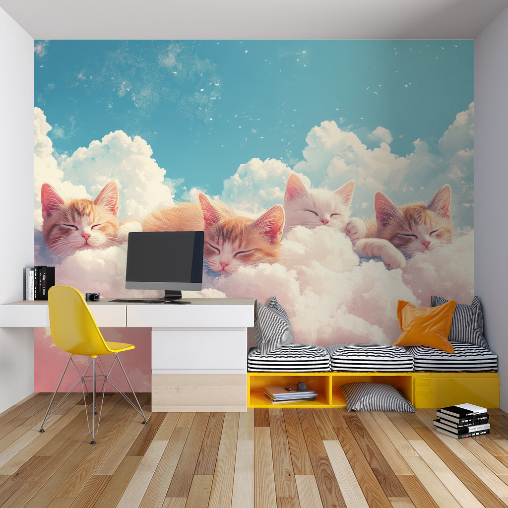 Girl's bedroom with magical cat wallpaper and matching decor