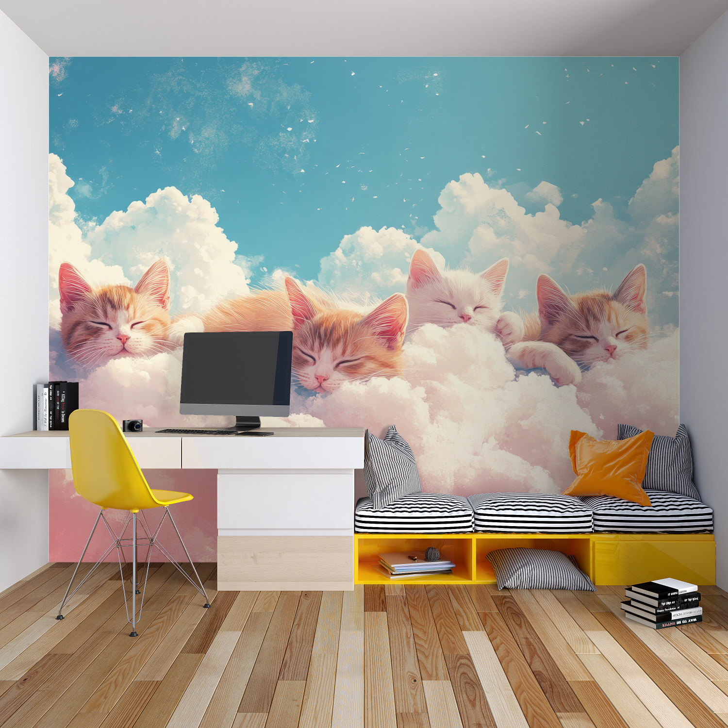 Girl's bedroom with magical cat wallpaper and matching decor