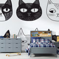 Modern black and white cat line art wallpaper in a minimalist home office, creating a clean and sophisticated atmosphere