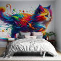 Rainbow Cat Mural Wallpaper bringing vibrant colors to a modern living room, creating an artistic focal point
