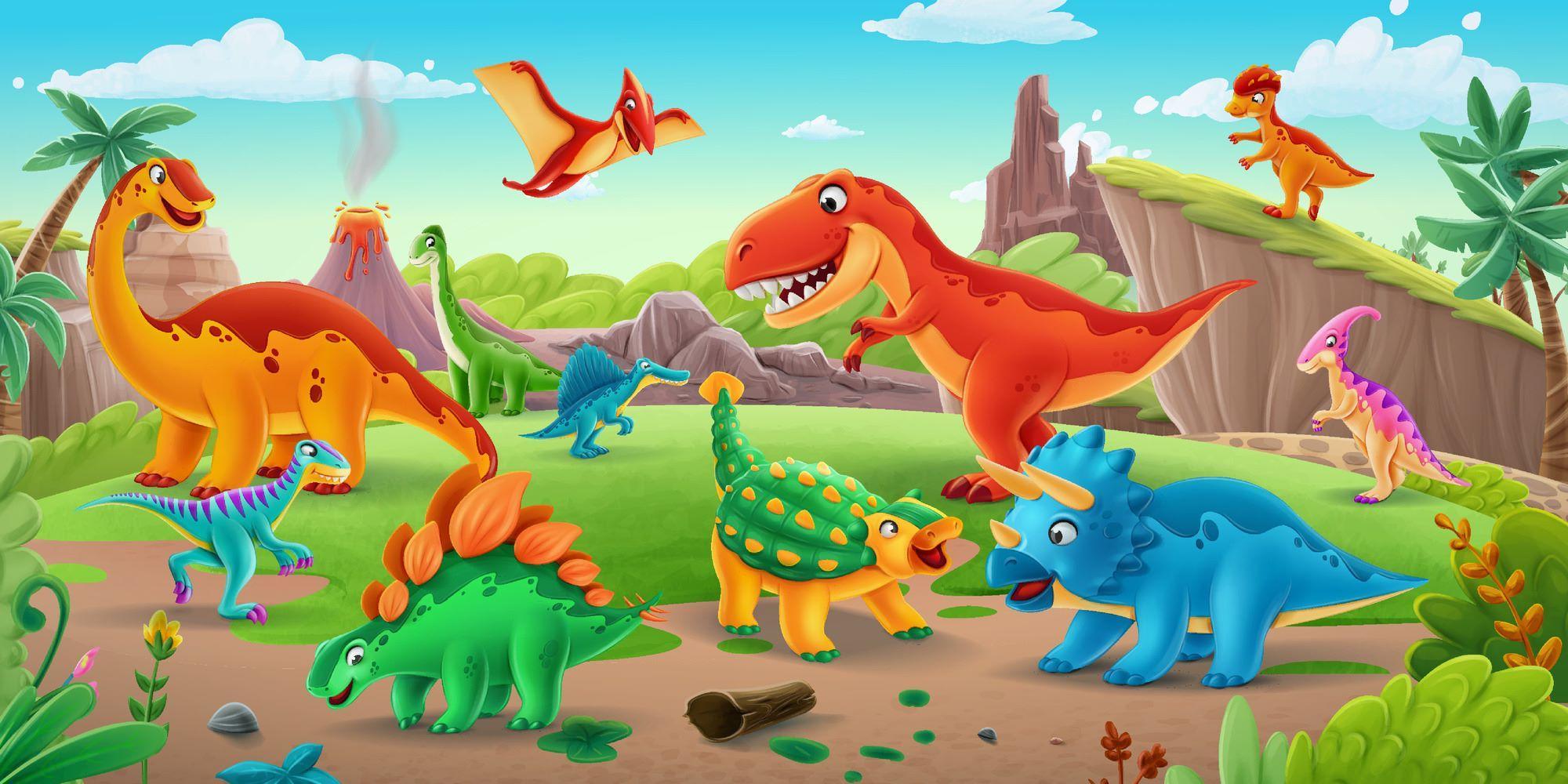 Dinosaur Mural Wallpaper | Colorful Prehistoric Adventure Scene