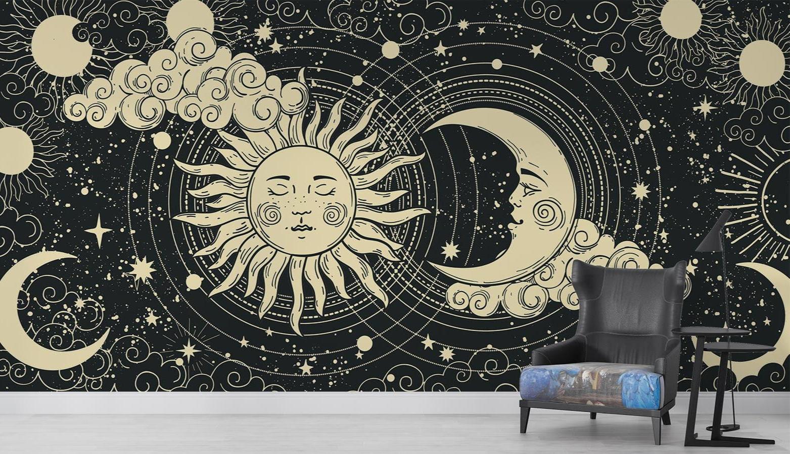 Sun and moon wallpaper bringing cosmic charm to a cozy reading nook