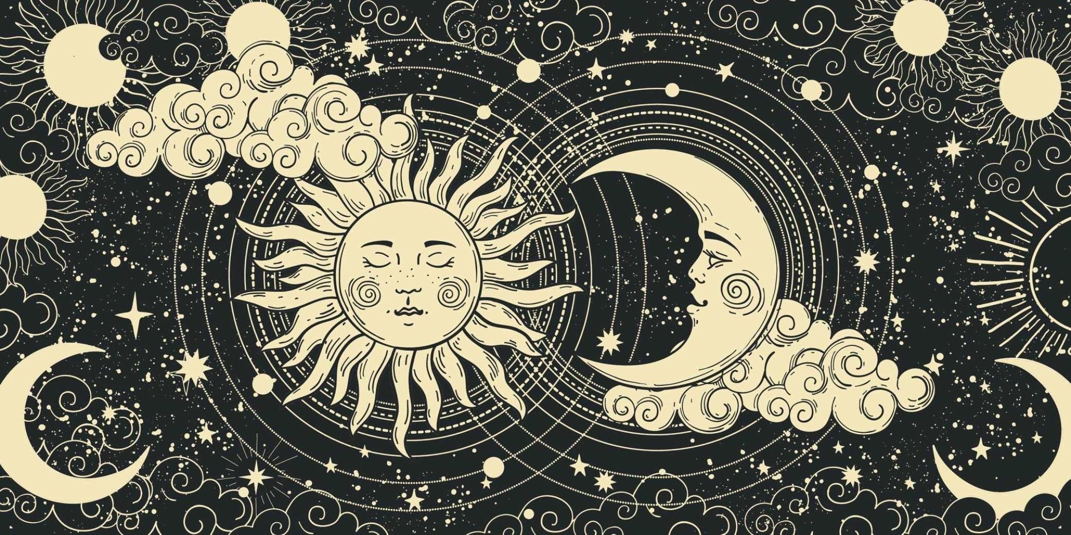 Celestial mural design file showing intricate sun and moon pattern on dark background