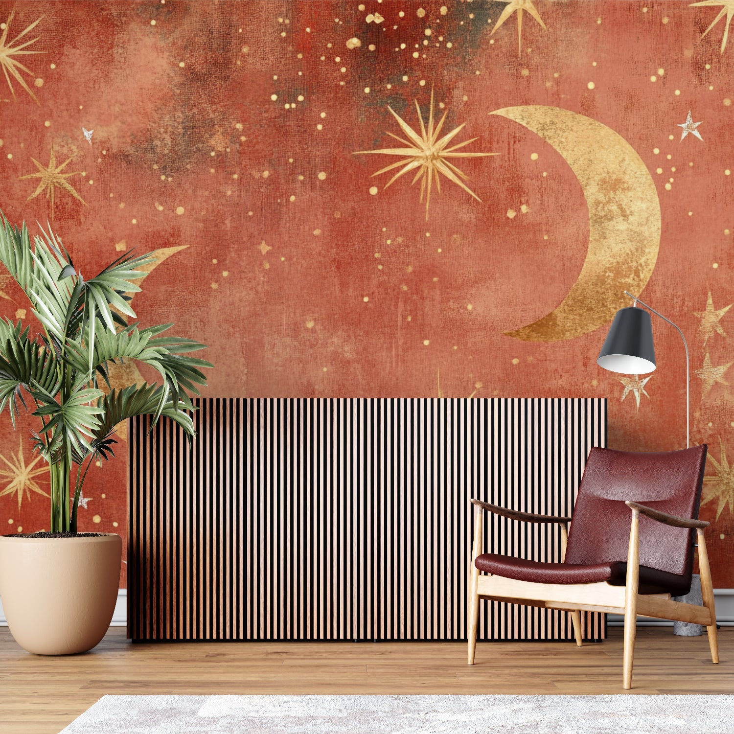 Celestial wallpaper mural in cozy bedroom with soft lighting highlighting golden moons and stars