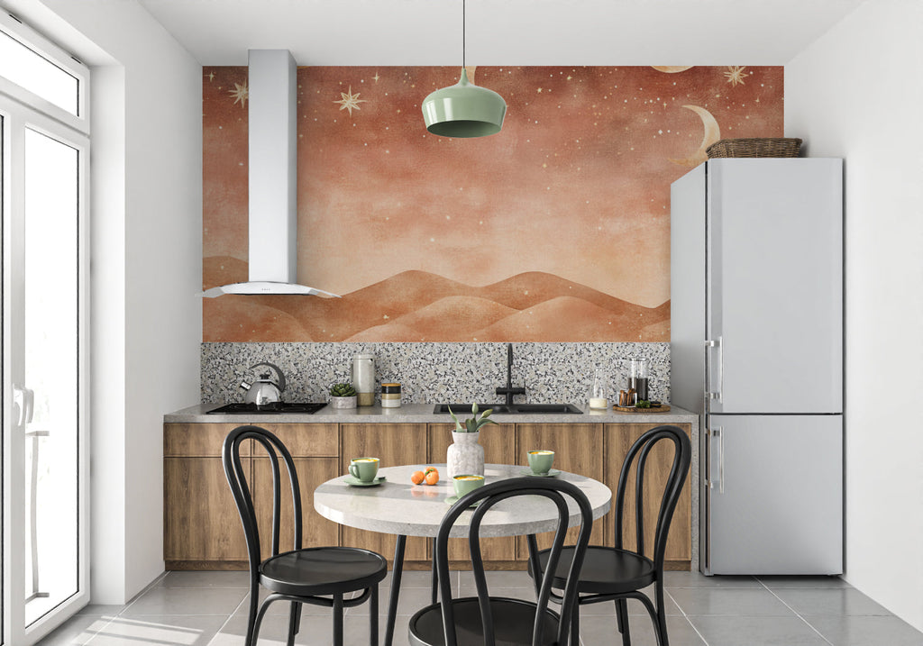 Celestial moon and stars wallpaper creating a cozy atmosphere in a modern bedroom with minimal furniture